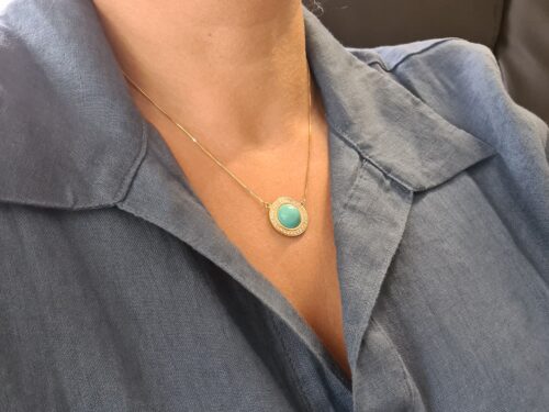 Catena in Oro Giallo 18 kt con Centrale Turchese e Diamanti 0,35 Ct