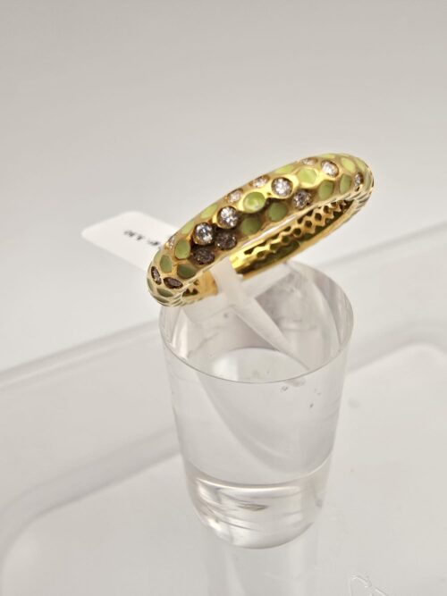 Anello in Oro Giallo 18 Kt con smalto e Diamantini- Verde